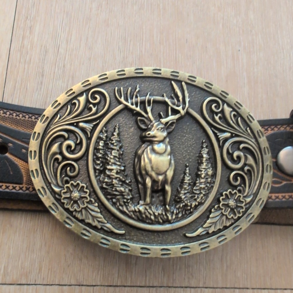 Bison Denim Mens Brown Leather Western Belt Deer Stag Buckle Tooled Cowboy Hunt